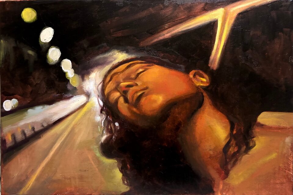 Image is a cropped area of a painting by Paige Sutton depicting a black female leaning her head back